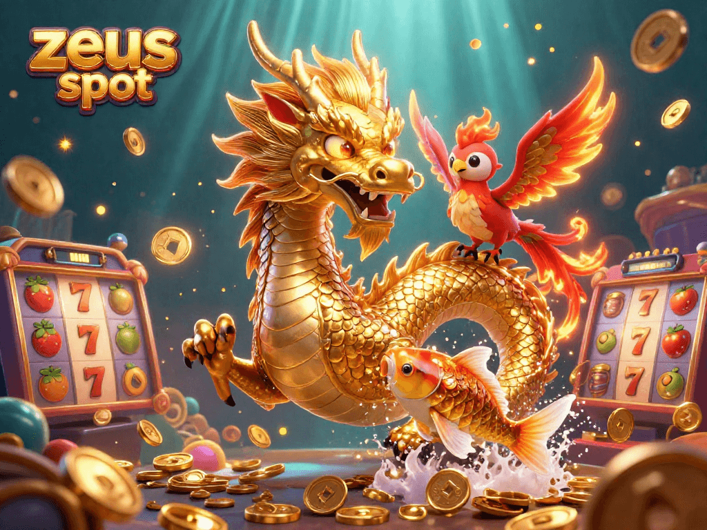 Mainkan zeus slot dengan keberuntungan bersama naga emas dan ikan koi, dikelilingi oleh koin emas.