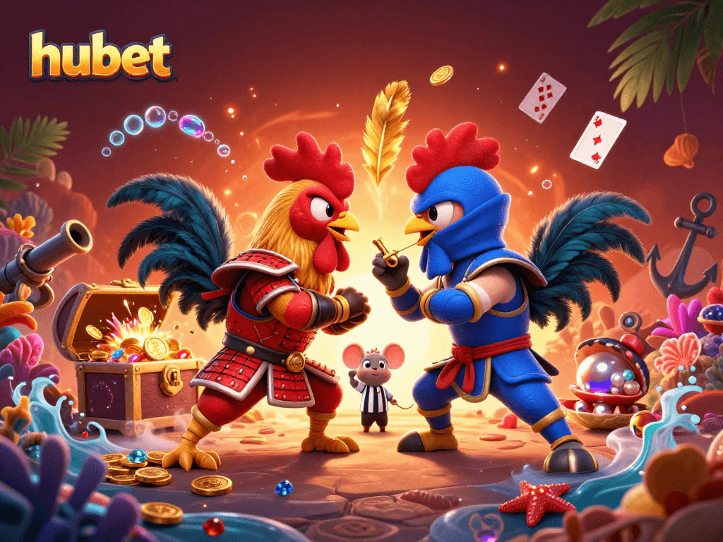 Experience thrilling moments with hubet as cartoon roosters duel in a vibrant casino scene