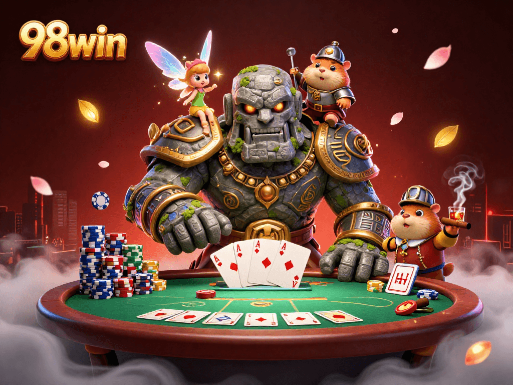 Engage with 98win's magical casino scene featuring a golem, fairy, and hamster knight.