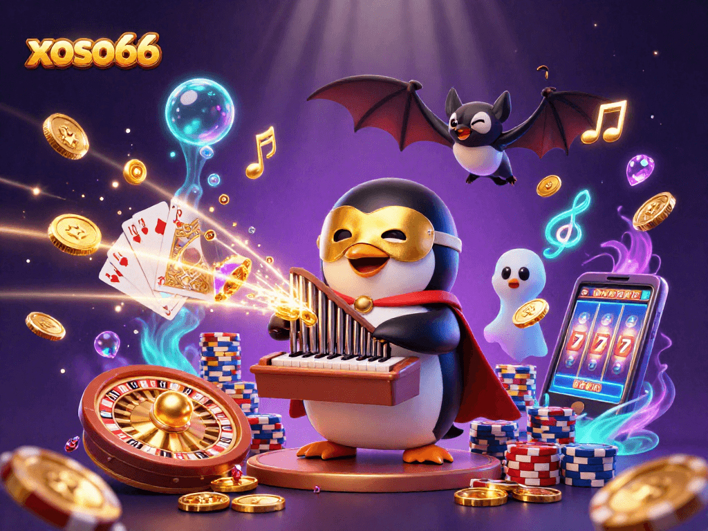 xoso66 showcases a thrilling casino scene with a phantom penguin, golden coins, and lively gaming elements.
