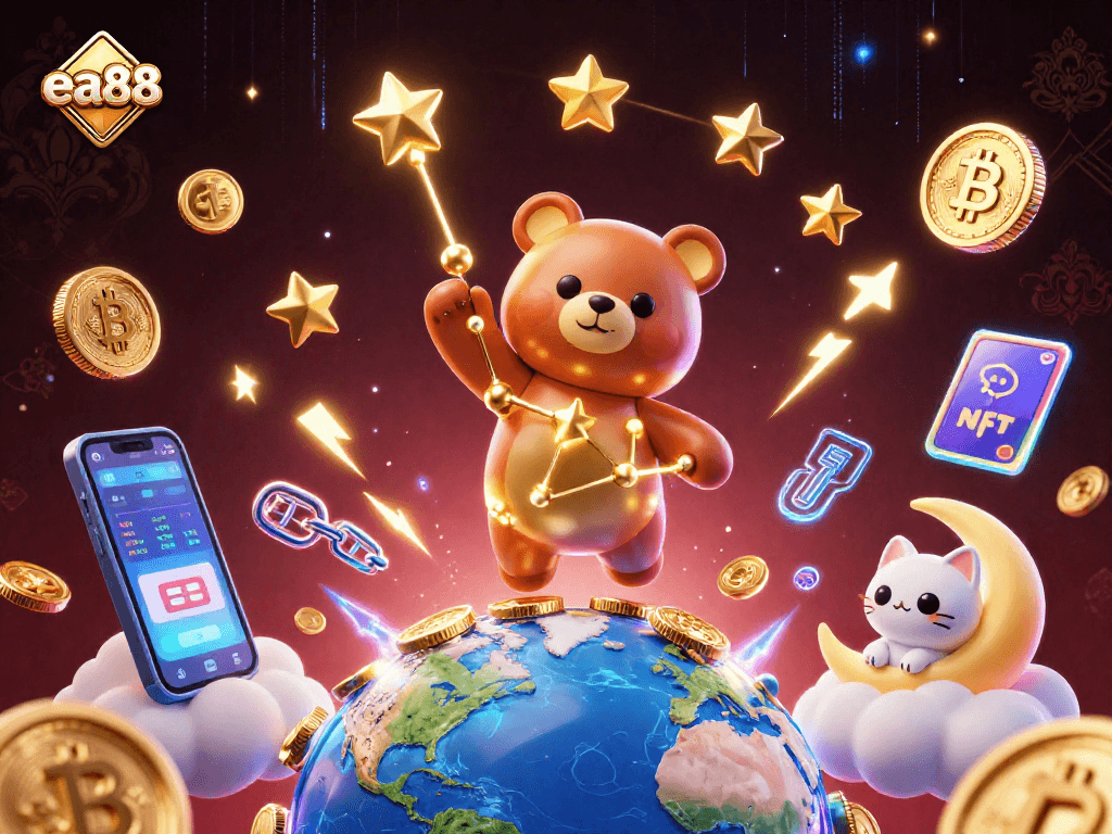 ea88 players enjoy vibrant 3D gaming with cosmic elements and glowing coins.