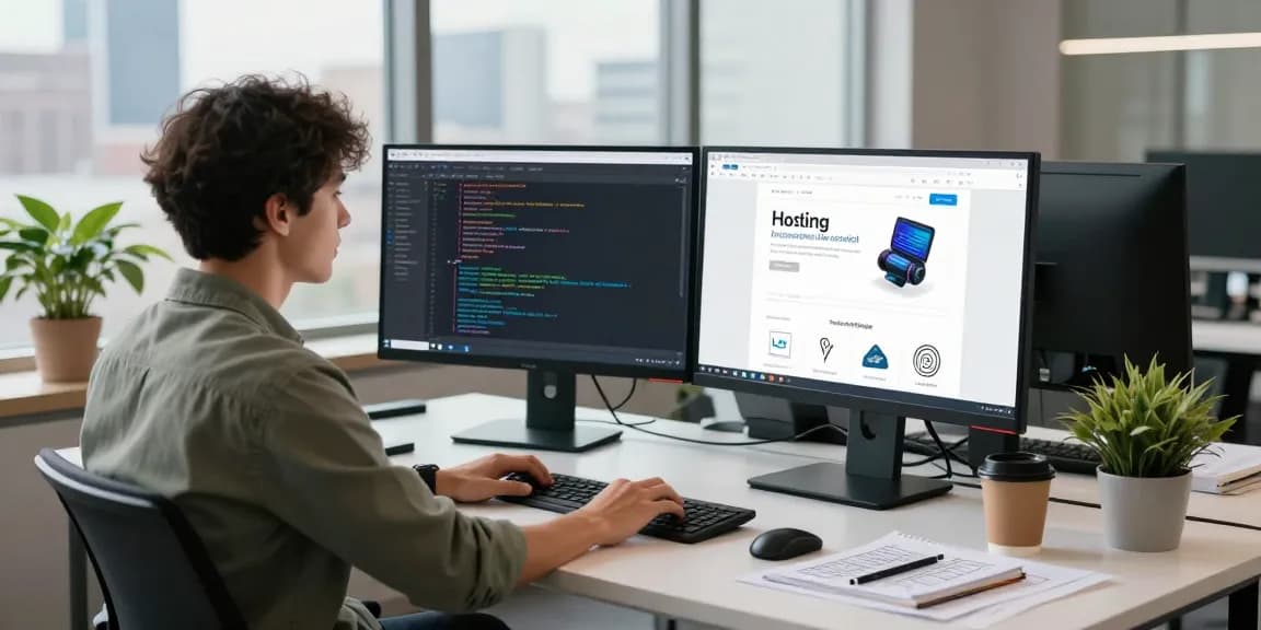 Desarrollador web trabajando en su computadora con código y vista de hosting en México.