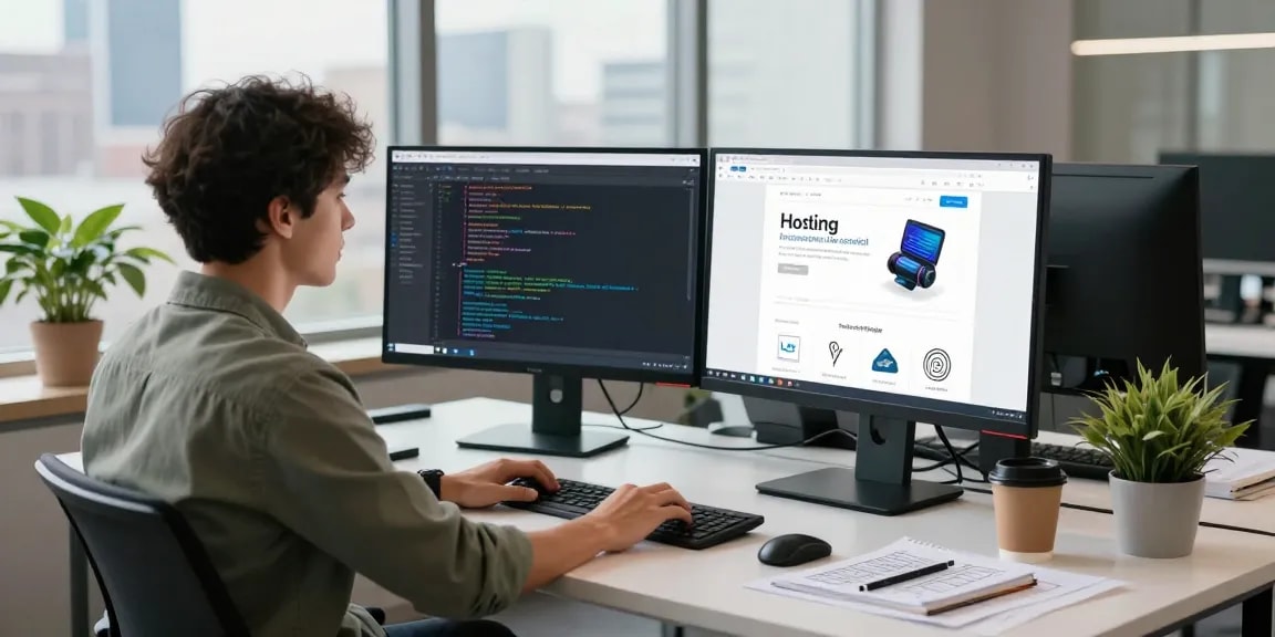 Desarrollador web trabajando en su computadora con código y vista de hosting en México.