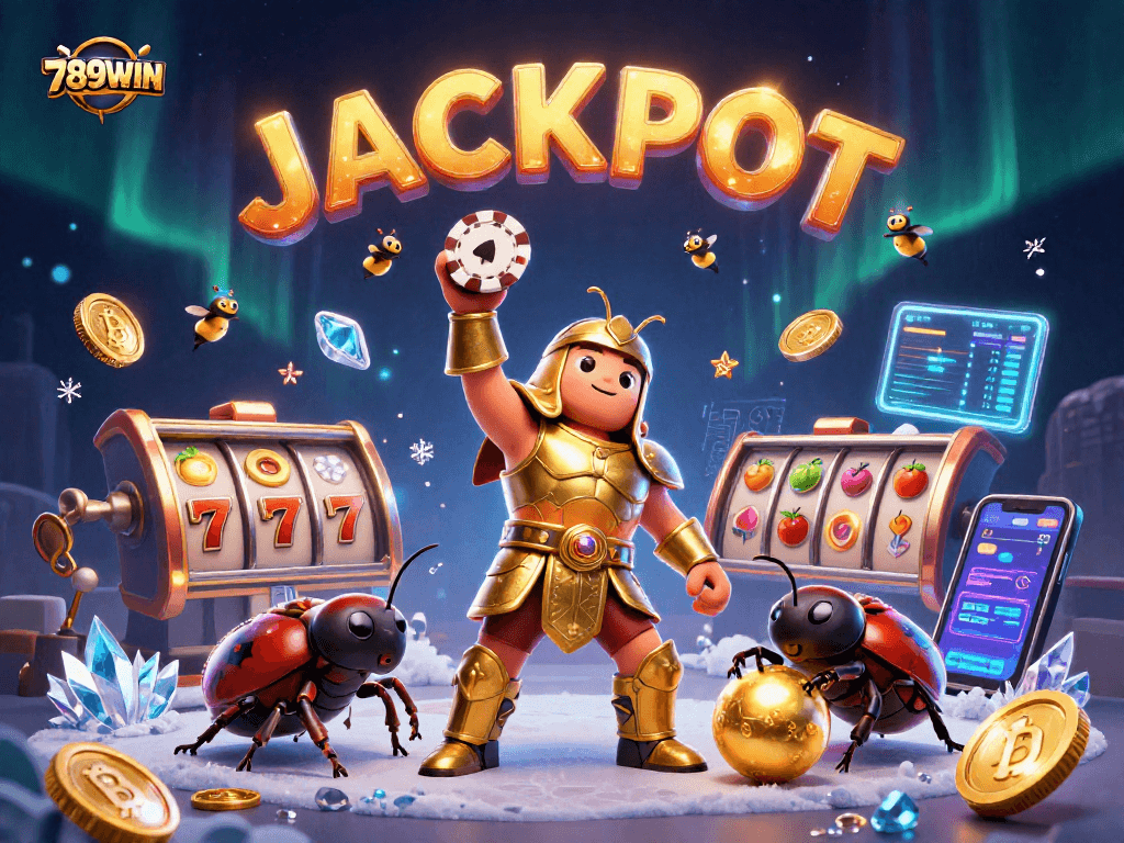 Experience exciting gaming action at 789WIN with vibrant characters and slot machines in this 3D illustration.