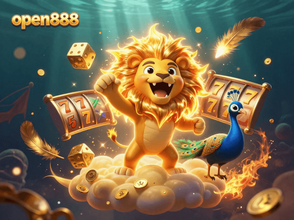 Experience thrilling wins at open888 with a vibrant 3D casino scene featuring symbols of luck and excitement.