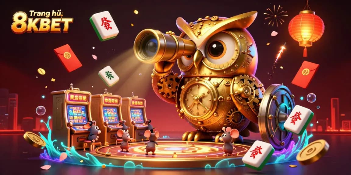 Engage with Trang chủ 8KBET's vibrant casino scene featuring a magical owl and playful elements.