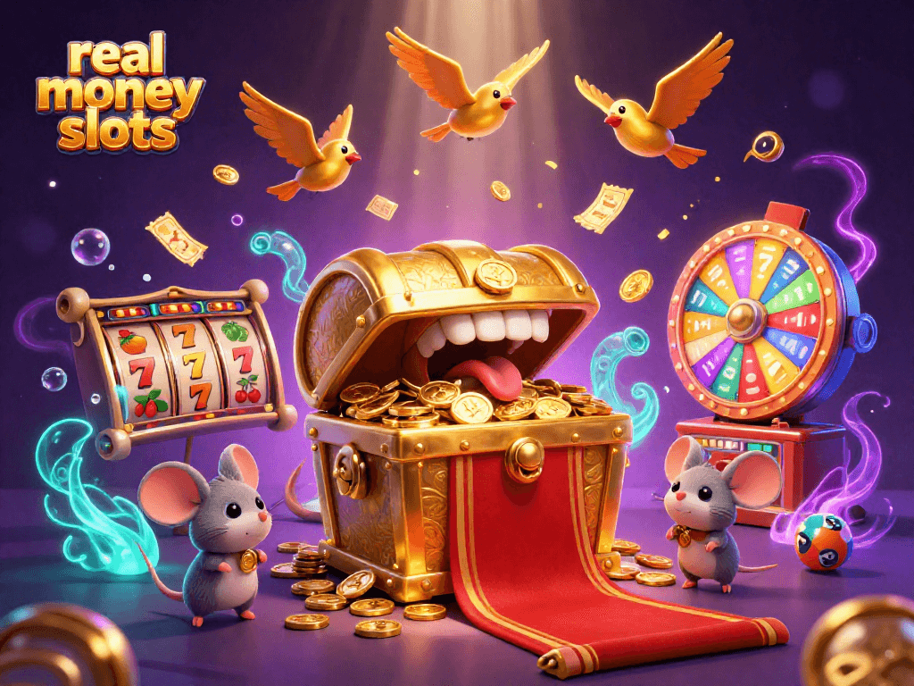 Join the adventure with real money slots amidst colorful signs of jackpot wins and exciting gaming elements.
