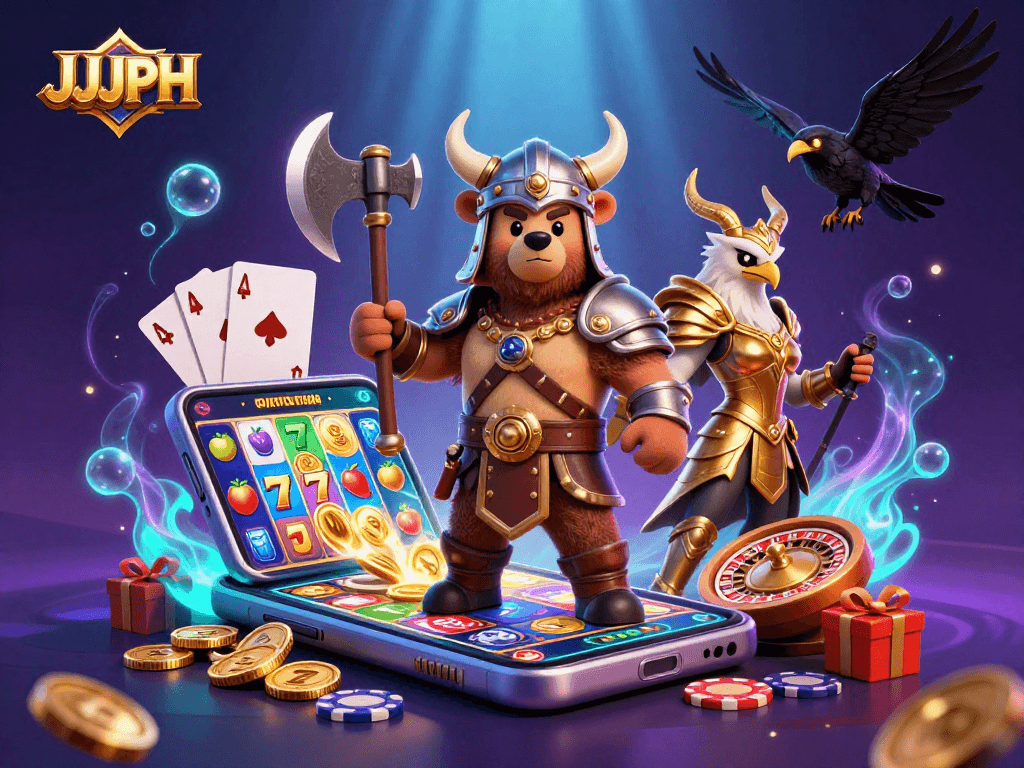 Experience thrilling slots with JJJPH's Viking bear and Valkyrie in a dynamic casino scene.