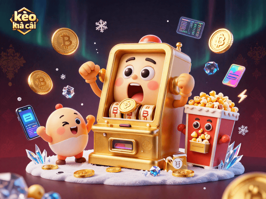 Engaging scene of kèo nhà cái with a golden slot machine celebrating a jackpot alongside cheering baby machines and crypto elements.