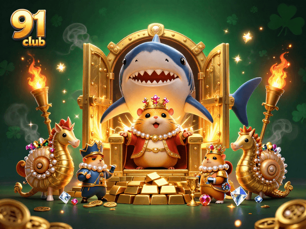 Engage in exciting color predictions at 91 club, where a hamster king rules a treasure-filled scene.