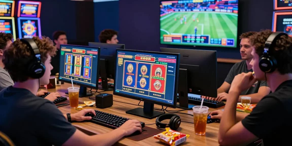Engaging scene of friends strategizing for online slots on link situs888, vibrant gaming atmosphere with virtual slot machines.