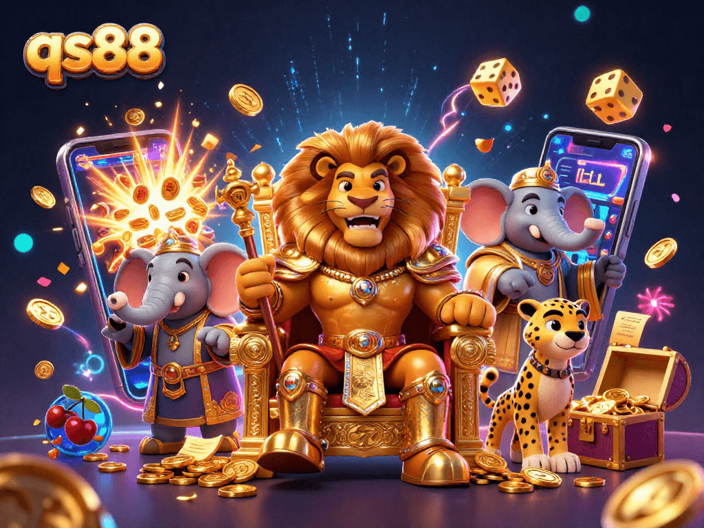 Win big at qs88 with a vibrant scene featuring a lion king, jackpot machines, and casino excitement