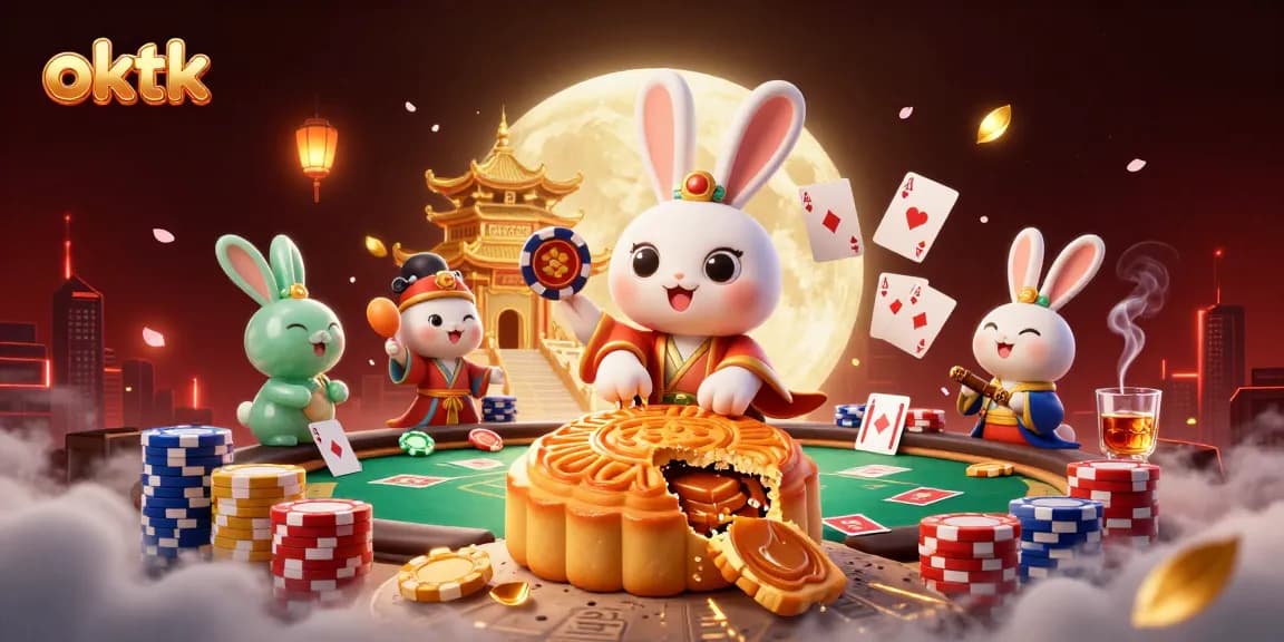 Experience the excitement of oktk with a moon rabbit playing poker amidst fantasy elements and vibrant casino atmosphere.