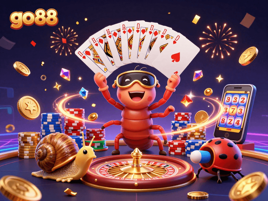 Experience go 88 with an energetic 3D illustration of casino characters amid a vibrant gaming scene.