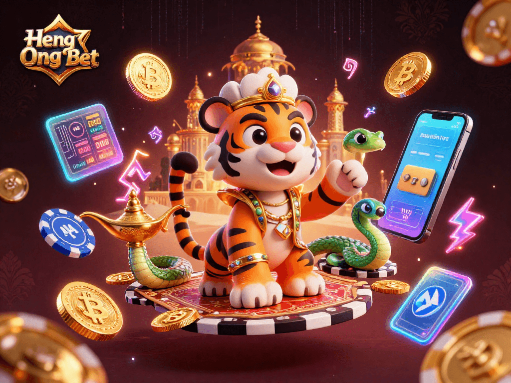 Experience Heng Ong Bet’s vibrant casino world with a sultan on a poker chip carpet, bursting with crypto elements.