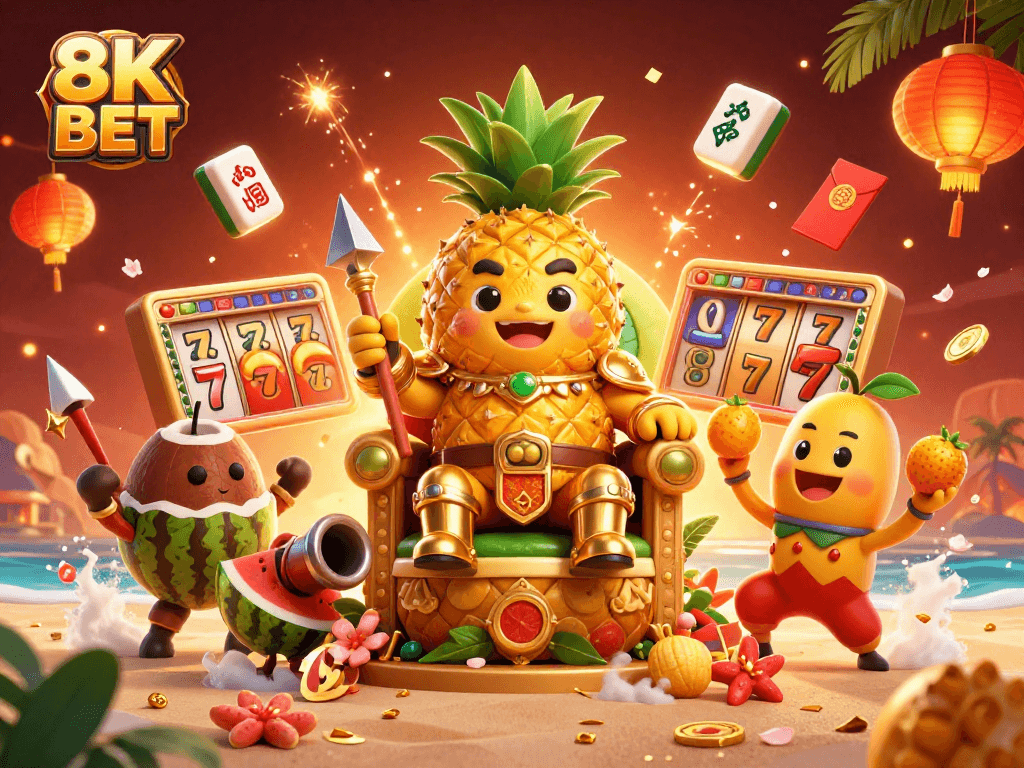 Spin to win at 8K BET with a vibrant 3D casino scene featuring a golden pineapple king.