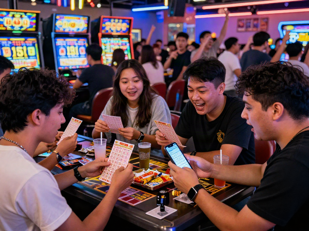 Excited friends checking their Toto 4D lottery tickets in a vibrant gaming hall.