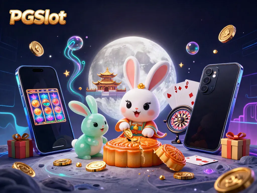 Engage with PGSlot games through vibrant 3D depiction of lunar-themed characters and casino elements.
