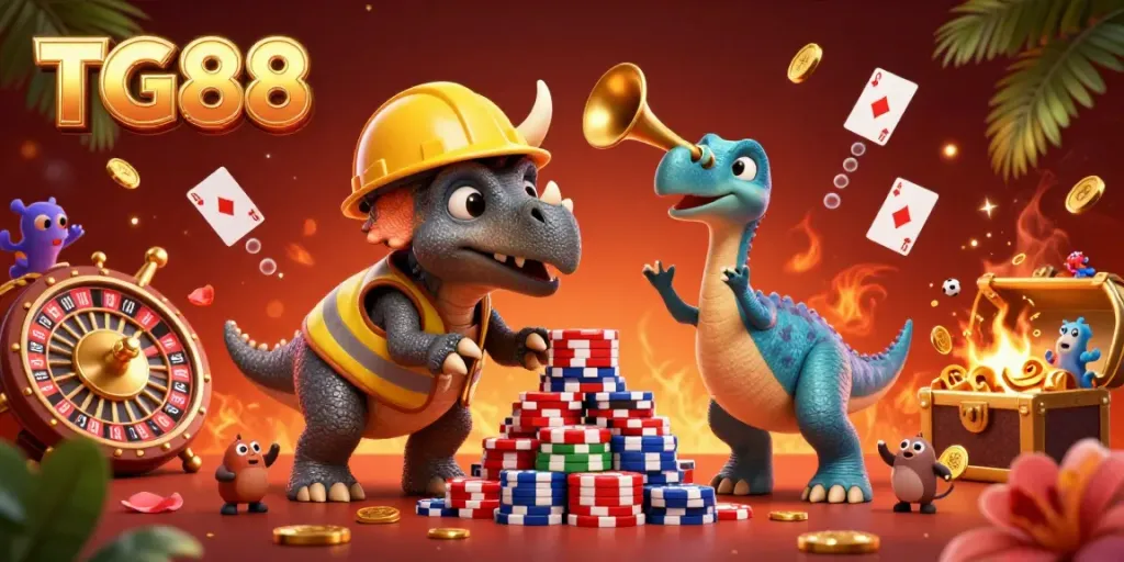 Experience thrilling casino adventures with TG88 featuring vibrant characters and games in a dynamic scene.