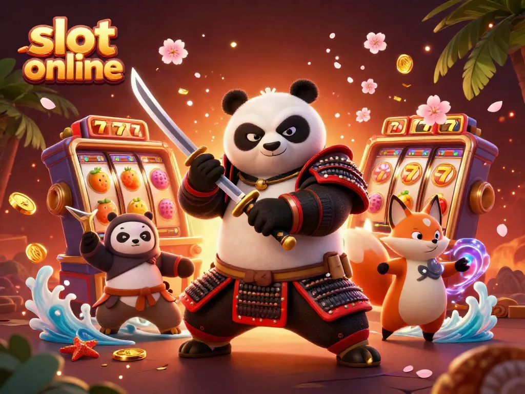 Experience thrilling slots with samurai panda and ninja fox in this vibrant casino illustration.