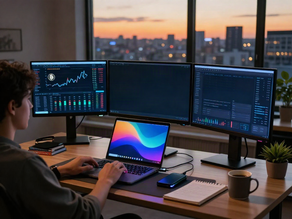 real-time stock data API setup with cryptocurrency trading monitors and technology devices in modern workspace