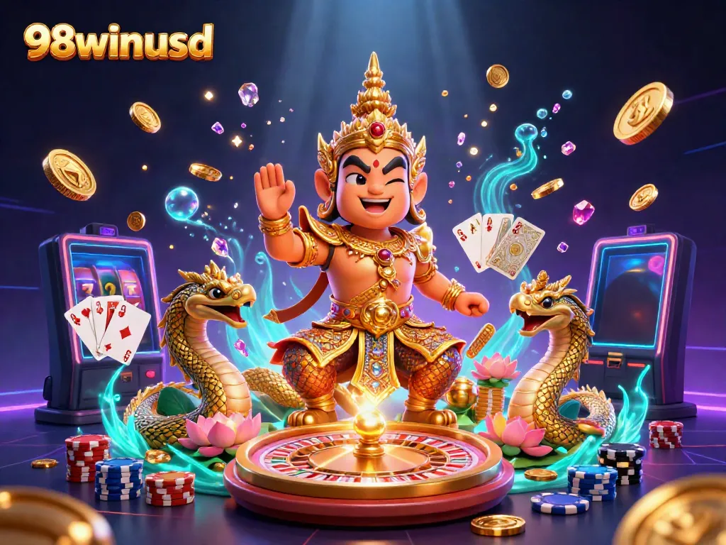 Engage with 98winusd's immersive 3D scene showcasing vibrant casino elements, gaming excitement, and rich graphics.