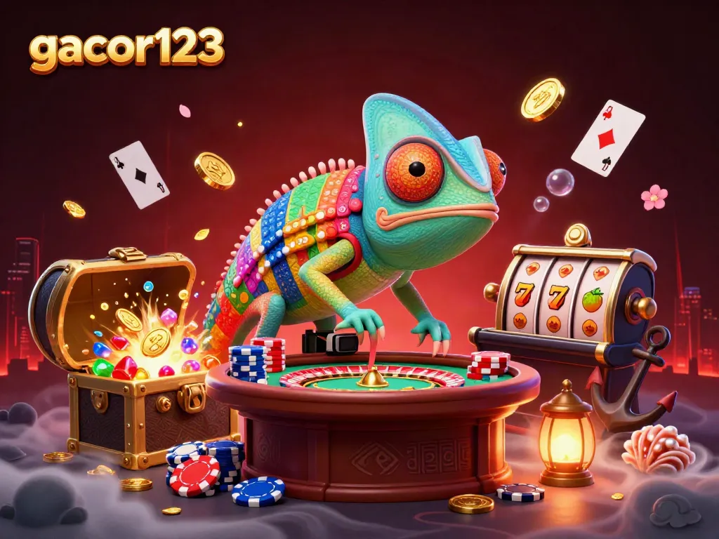 Experience exciting wins at gacor123 with a vibrant casino scene featuring a colorful chameleon.
