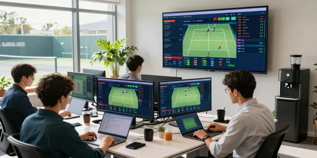 Engaging sports analytics office showcasing real-time tennis API data and match outcomes.