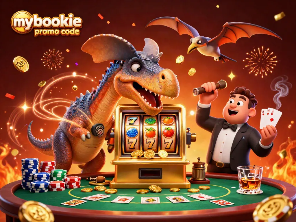 Engage with the mybookie promo code while a pachycephalosaurus celebrates jackpot coins spilling from a slot machine.