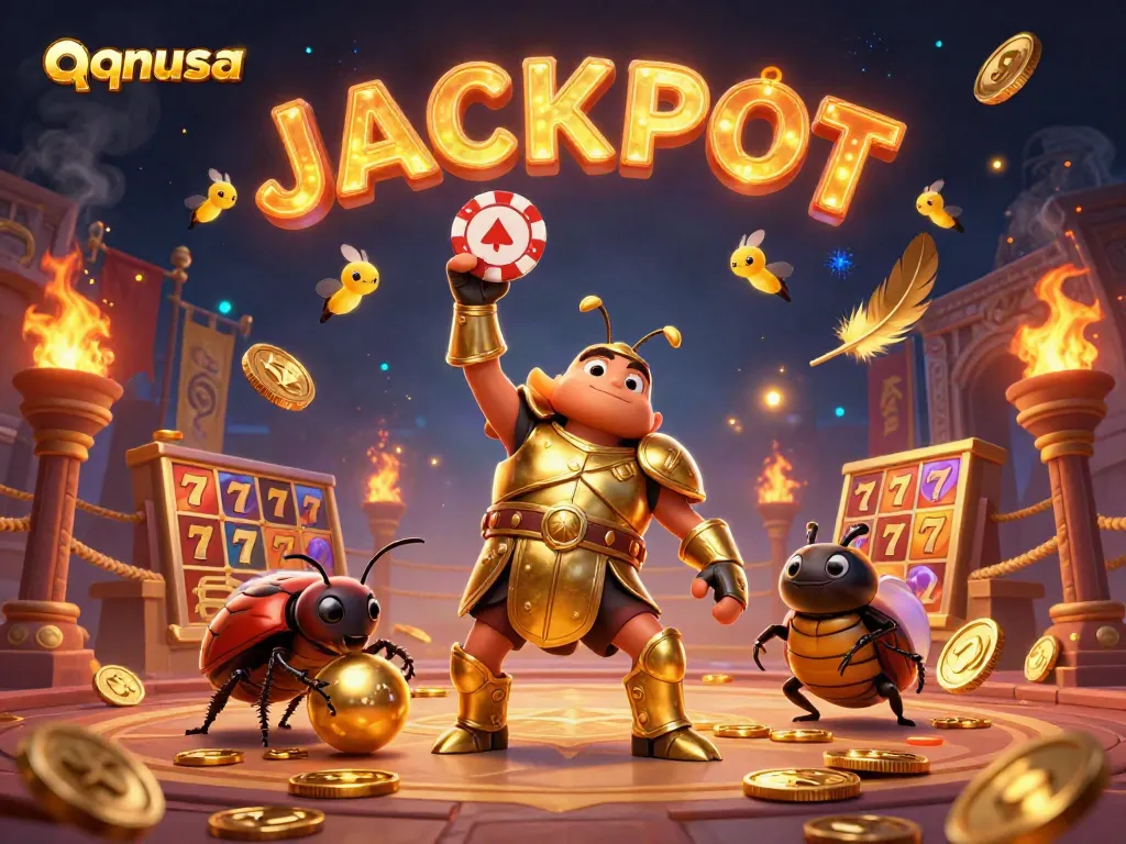Engaging 3D scene of qqnusa featuring beetle characters and slot machine elements celebrating a jackpot.