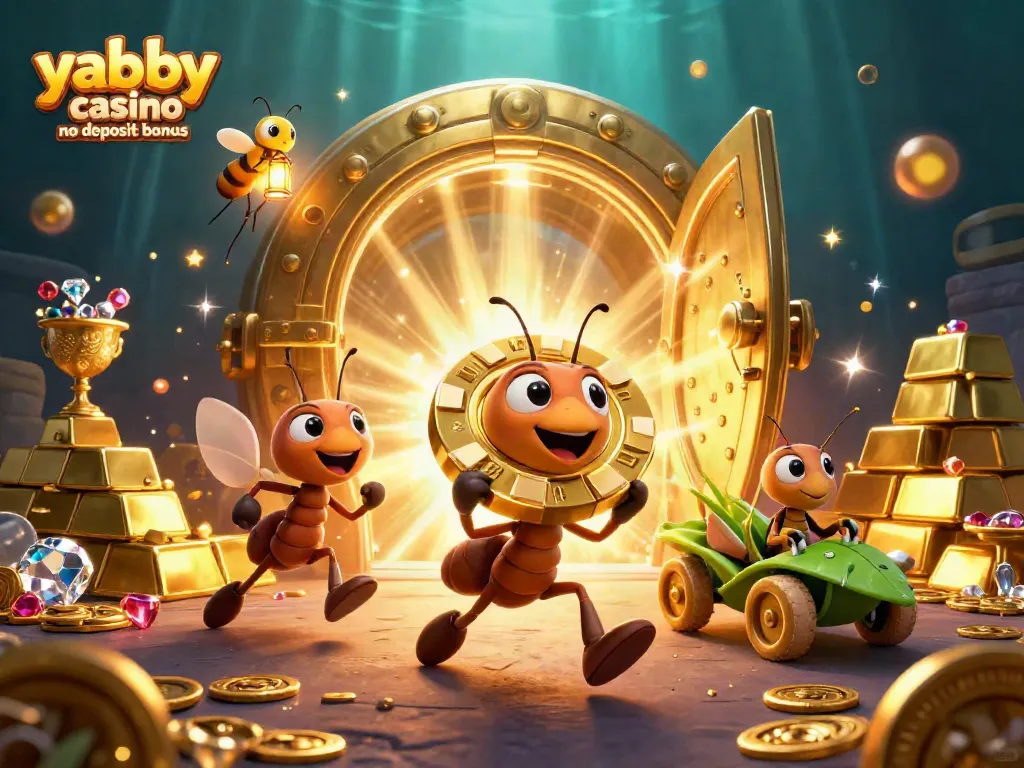 Experience the thrill of Yabby Casino no deposit bonus with a cartoon heist scene featuring unique casino elements.
