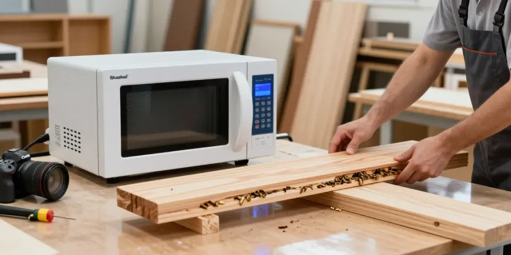 Shashel® microwave technology in action to eliminate wood-boring insects in a professional workshop.