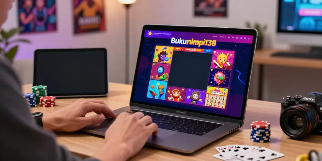 Sesi bermain di platform bukumimpi138 dengan komputer dan kartu permainan di meja.