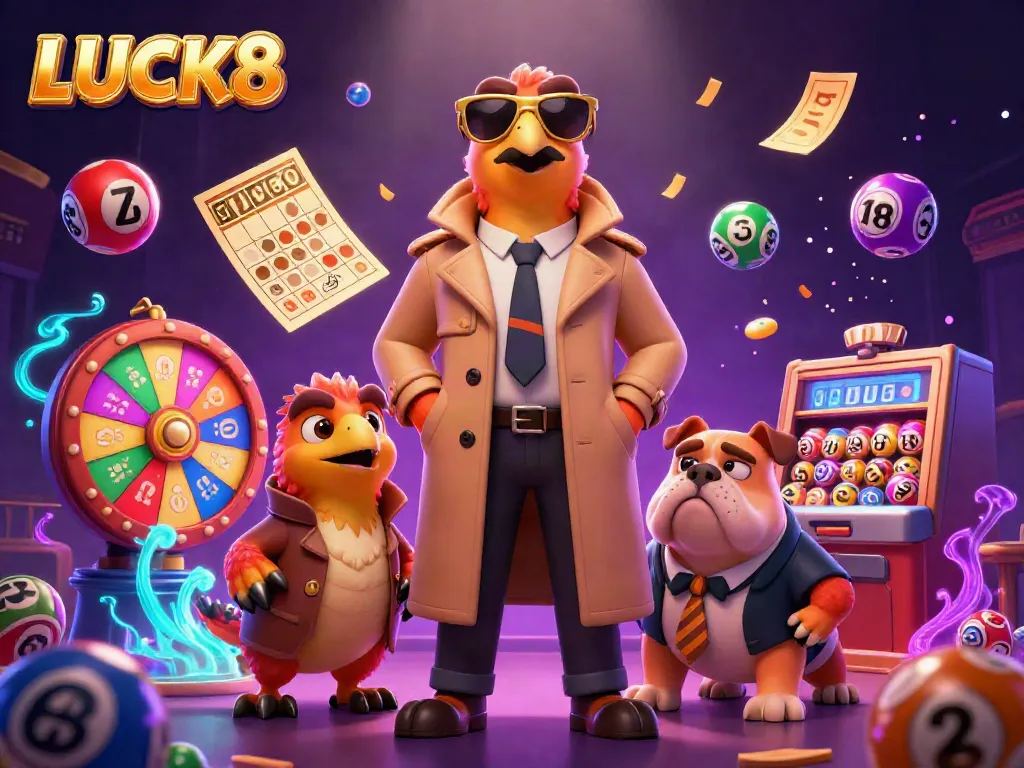 Experience excitement with LUCK8 as colorful lottery balls burst with energy in a vibrant casino scene.