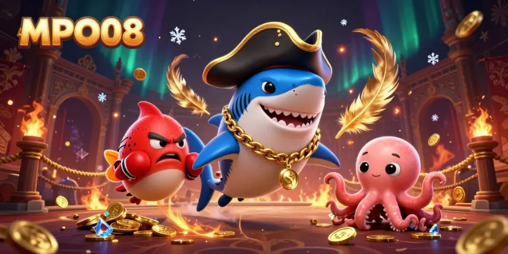 Engage with MPO08’s thrilling online gaming scene featuring cartoon pirate shark and friends.