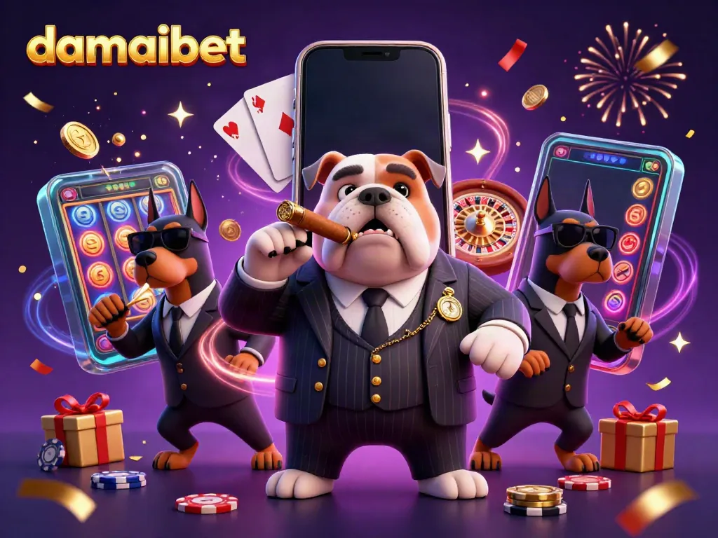Experience the excitement of damaibet with a dynamic mafia-themed casino illustration featuring slots and poker.