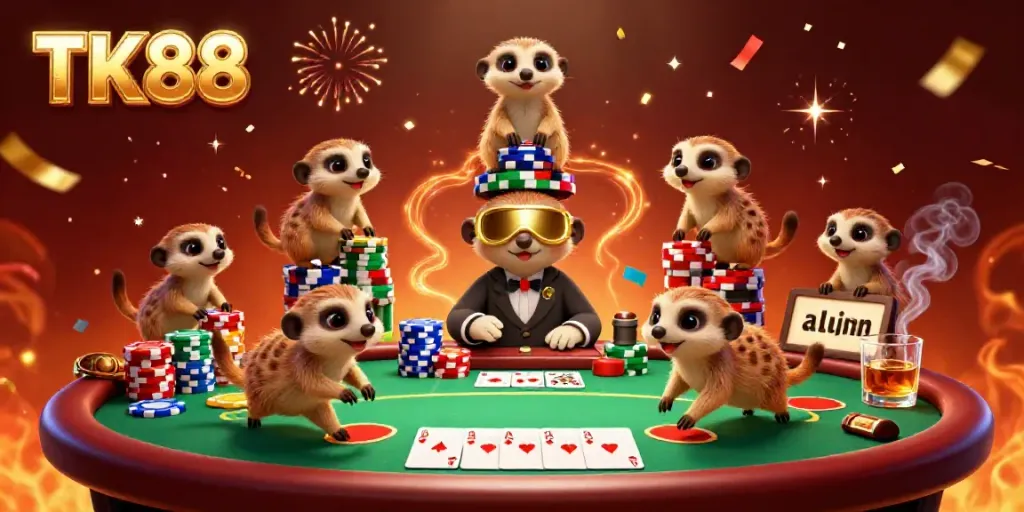 Experience TK88's vibrant casino scene featuring meerkats engaging in lively poker gameplay.