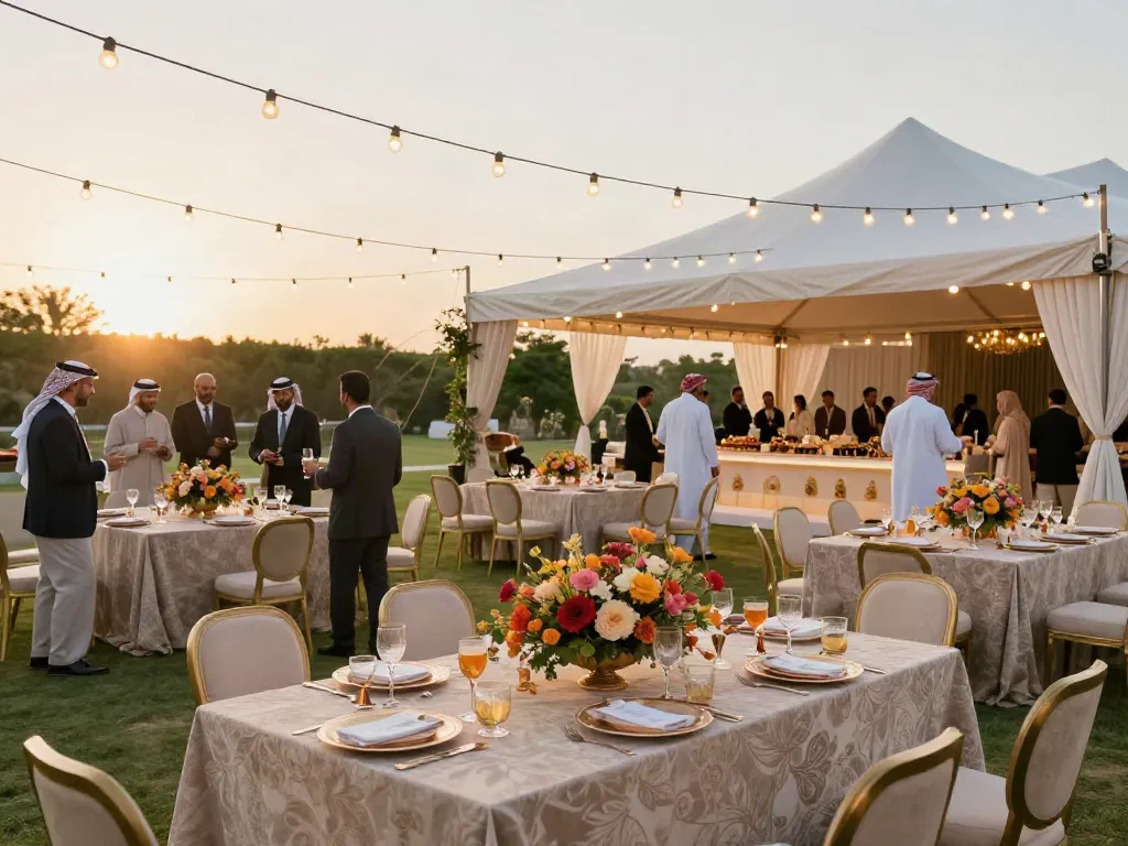 Event rental ksa featuring an elegant outdoor wedding setup with luxurious tent, tables, flowers, and ambient lighting.