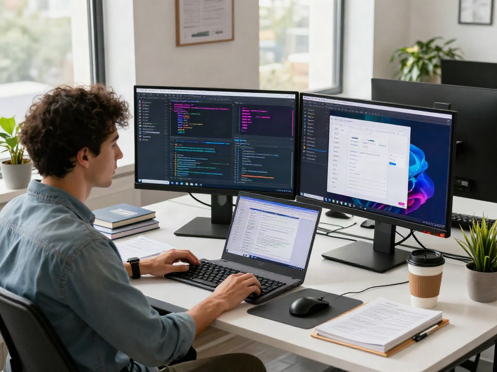 Developer coding with spotify mod apk interface on dual monitors in modern workspace