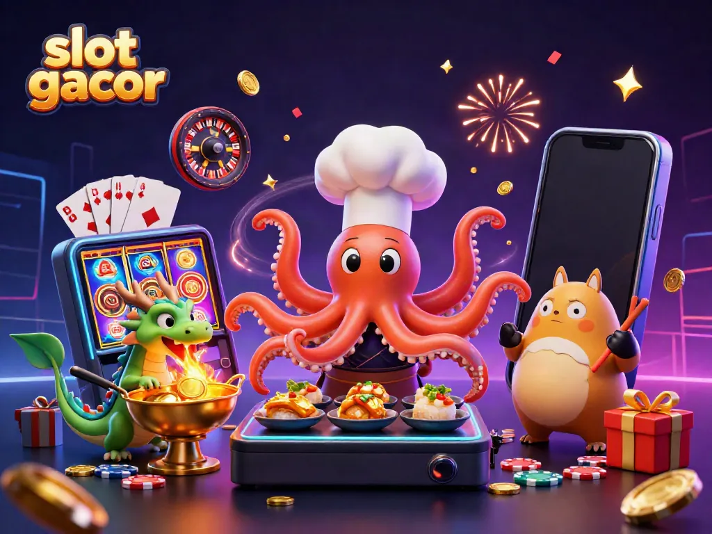 Experience thrilling wins at slot gacor with an energetic illustration of unique characters and casino elements.