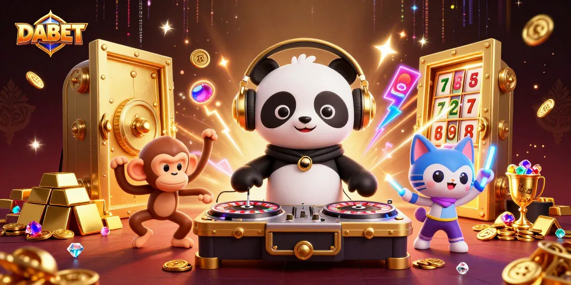 DABET engages players with rich casino visuals featuring a DJ panda, breakdancing monkey, and glowing kitten.
