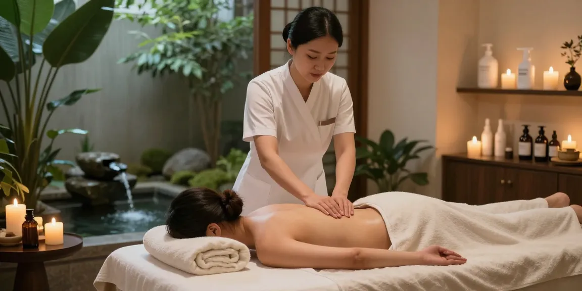 양천구출장안마 massage therapy session at a tranquil spa with calming candles and greenery.