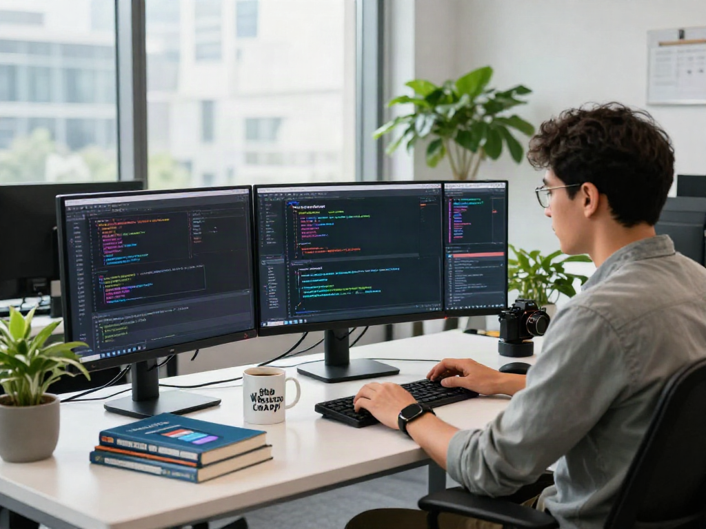 Developer coding gb WhatsApp in a modern office with multiple monitors and vibrant decor.