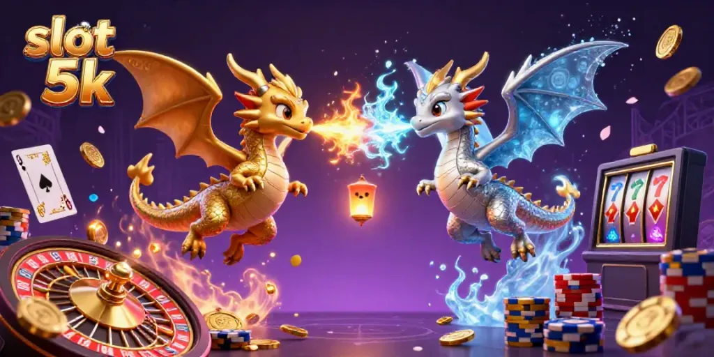 Slot 5k menampilkan ilustrasi kasino fantastis dengan naga 3D terbang dan elemen permainan lainnya.