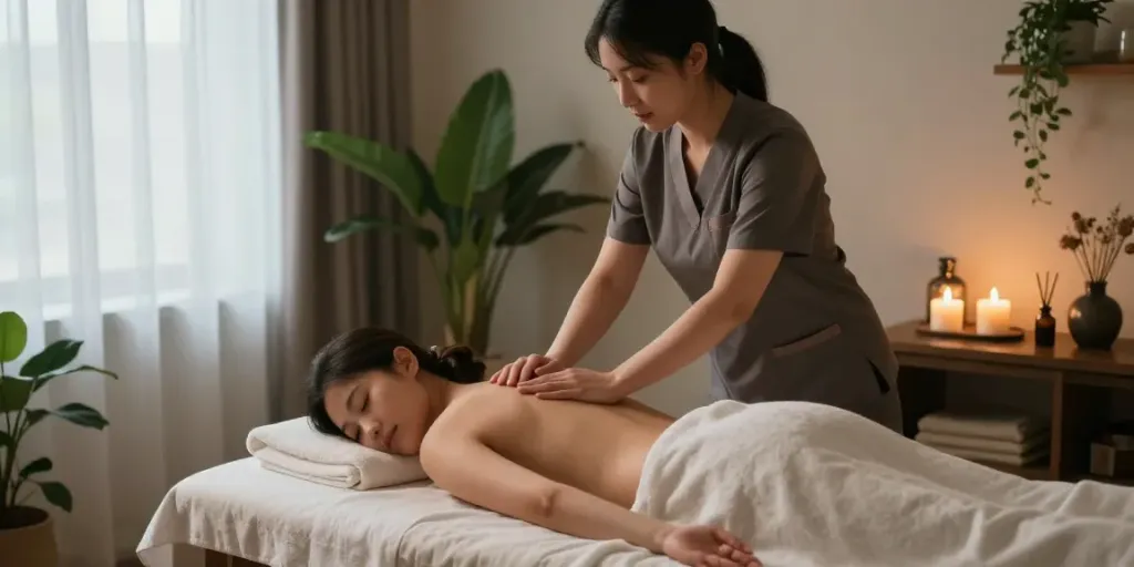 Relaxing 의정부출장마사지 session with a therapist in a serene spa setting.