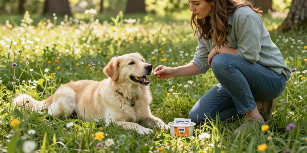 Calming Dog Treats enhancing a happy dog’s relaxation in a sunlit meadow.