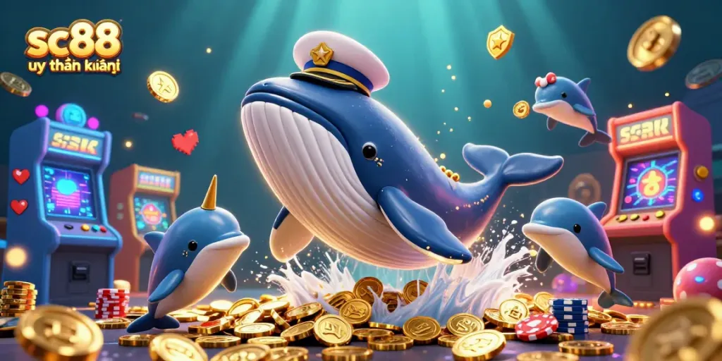 Engage with the thrilling world of sc88 uy tín không as a whimsical whale and dolphins celebrate in a sea of coins.