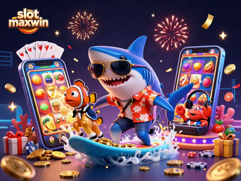 Experience slot maxwin excitement with a 3D hammer-head shark surfing through gold coins and fruit symbols.