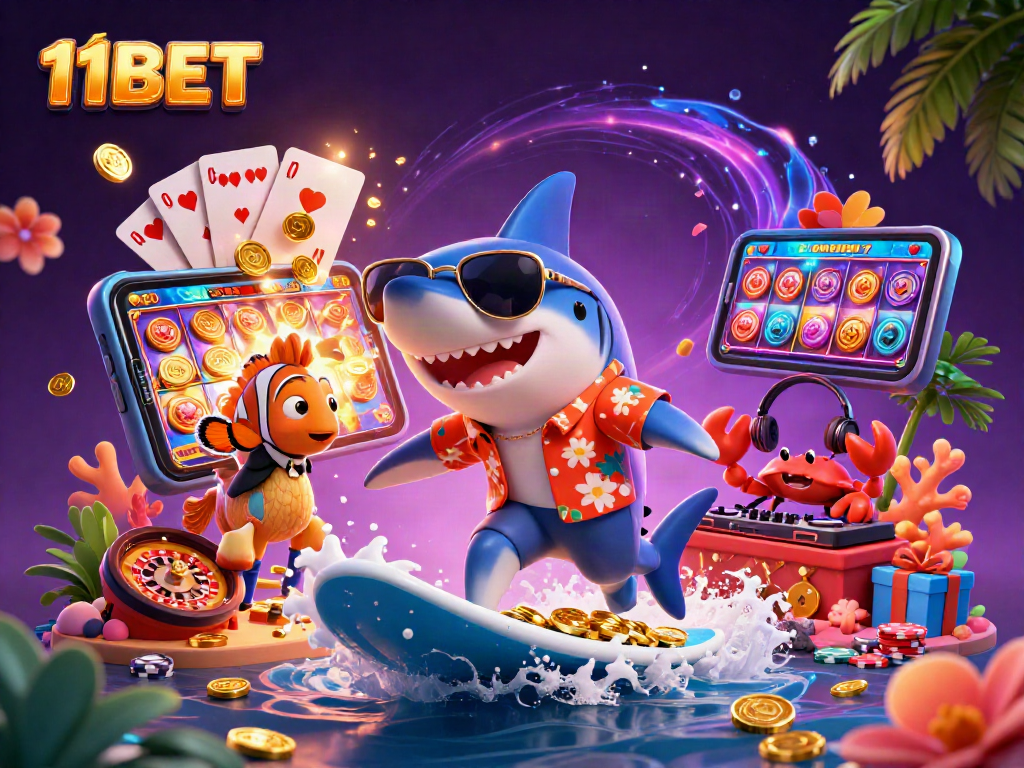 Engage with 11BET in a vibrant 3D casino scene featuring a shark, clownfish, and crab DJ.