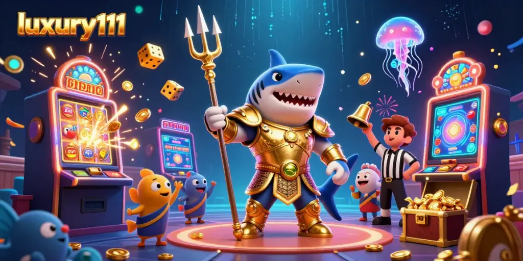Experience thrilling gameplay at luxury111 with a vibrant underwater casino scene showcasing a tiger shark and exciting slot machines.